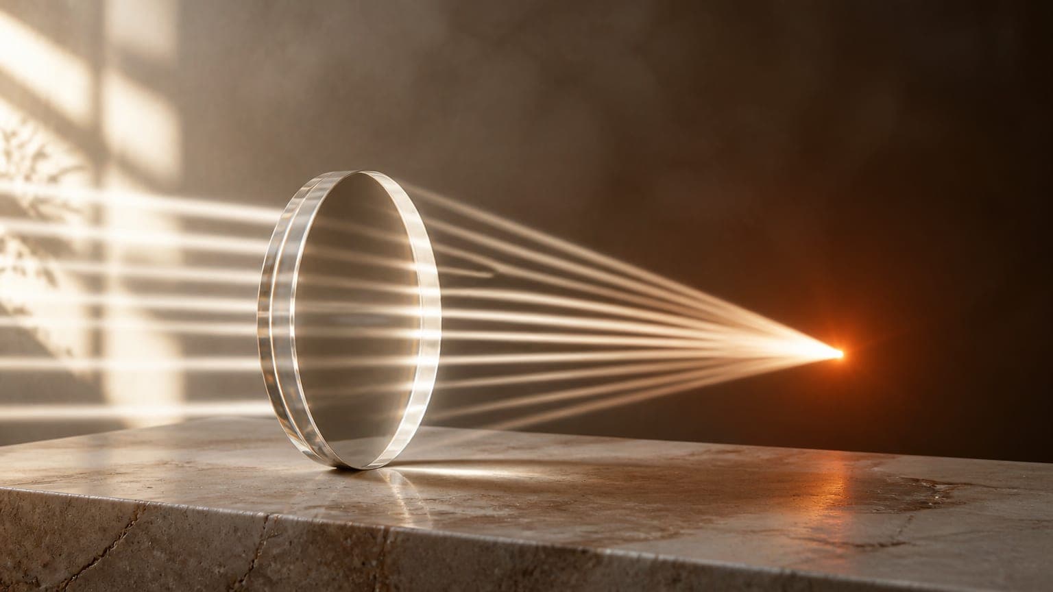 A glass lens on a stone table gathering scattered beams of light into one burnt-orange point