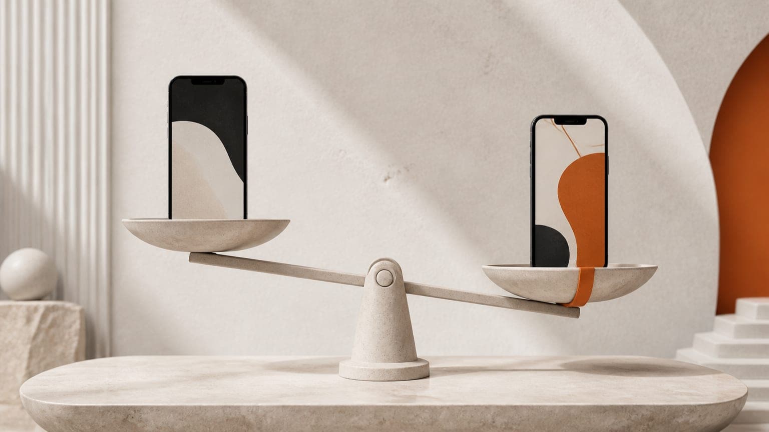 A stone balance scale holding two blank phones with different abstract covers, one side tipped slightly lower