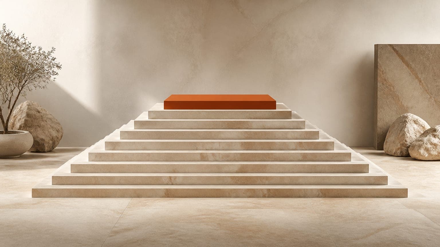 Stone steps rising to a single burnt-orange platform and descending evenly on the other side