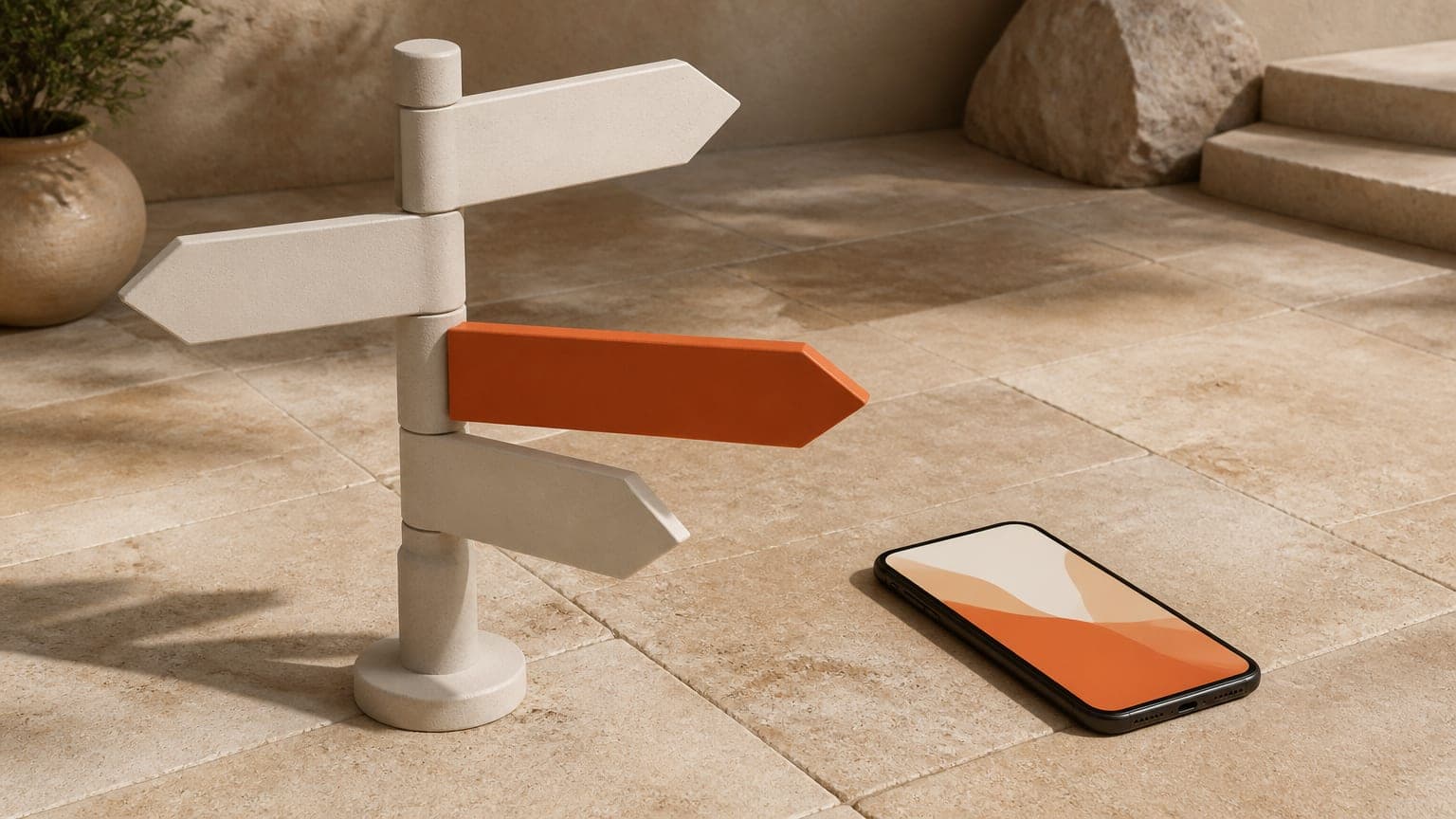 A cluster of blank wooden signpost arrows pointing in different directions, one painted burnt orange