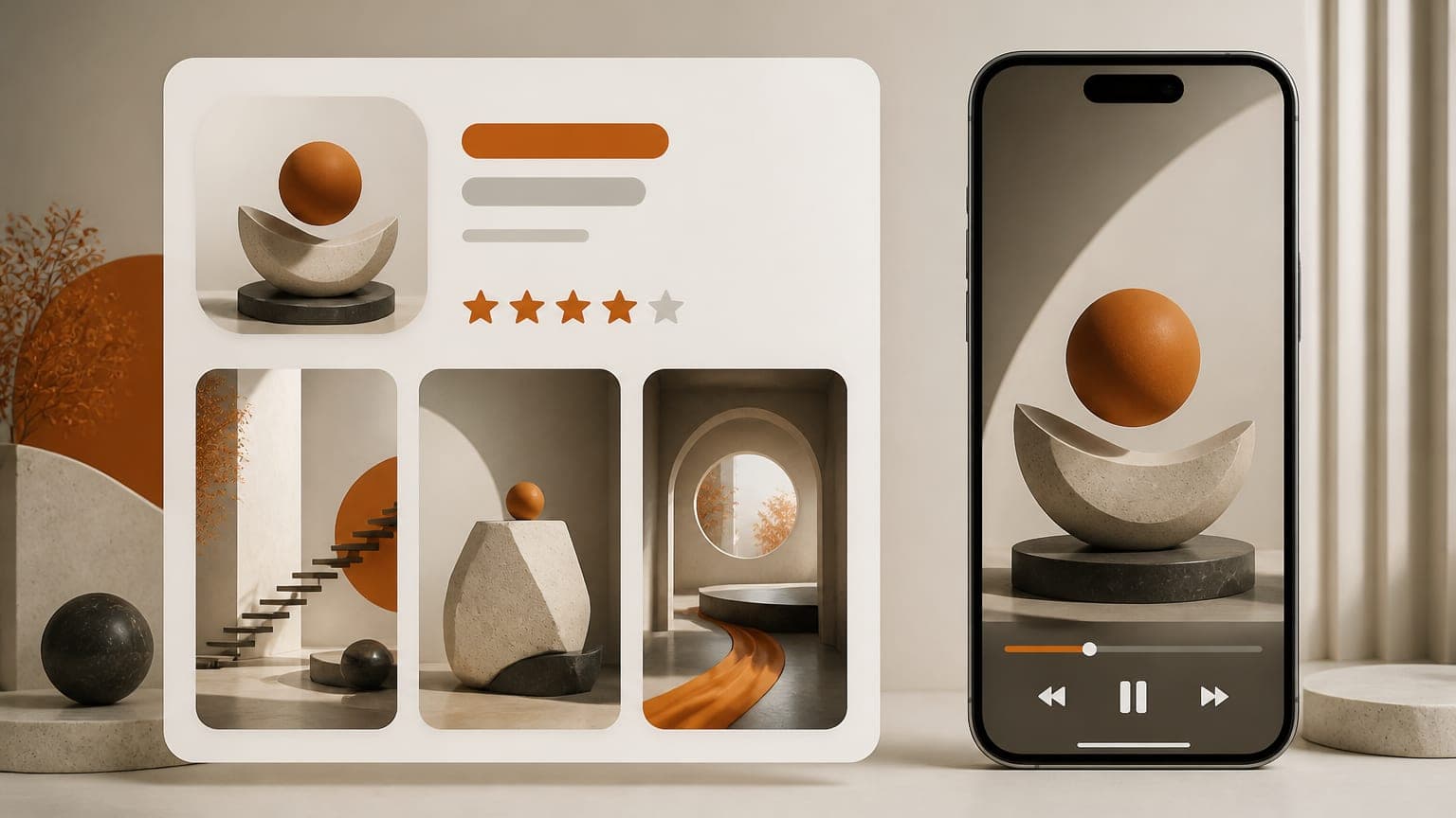 An app listing card with an icon, star rating and screenshots folding into a vertical phone video