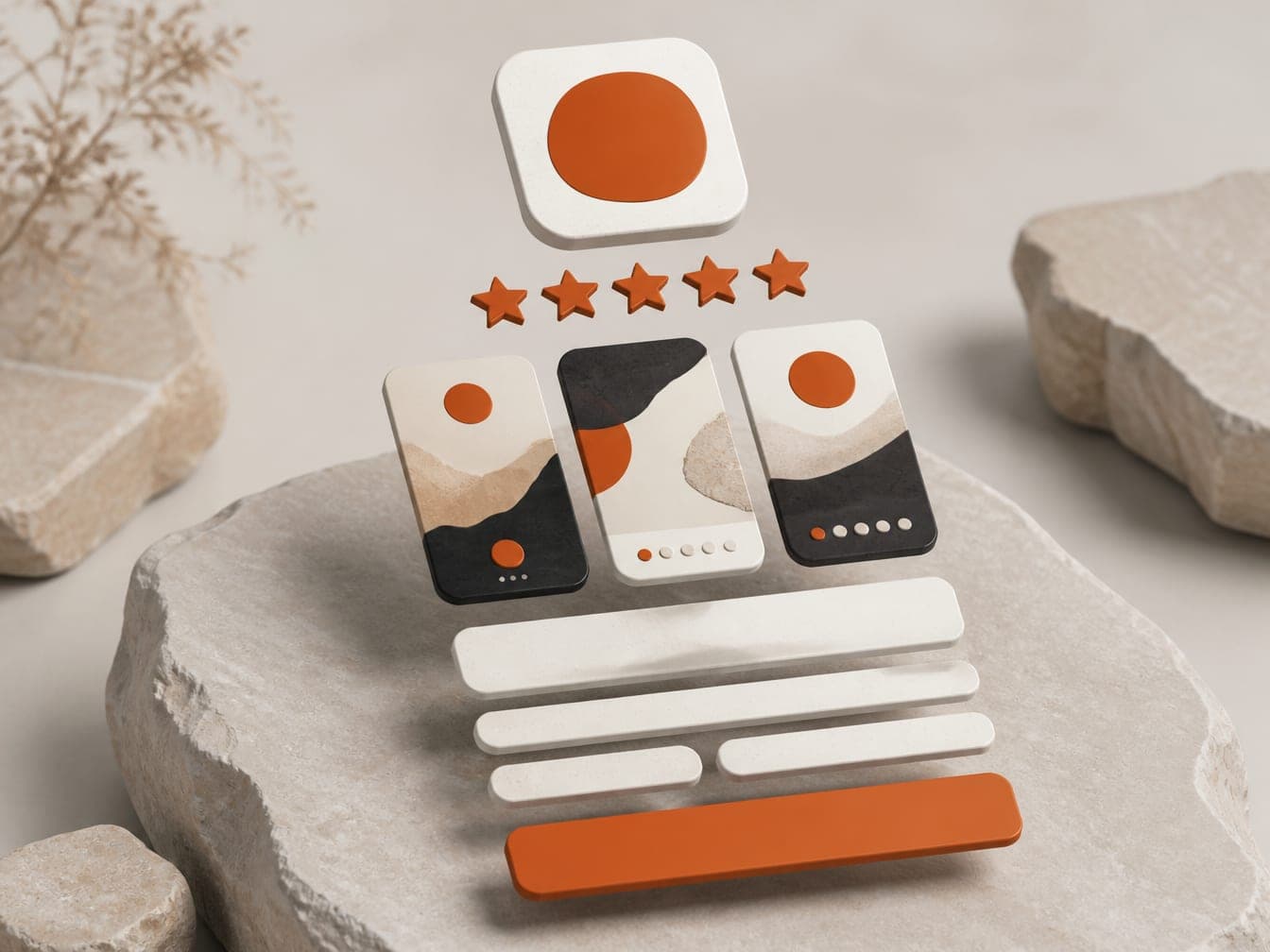 The parts of an app listing pulled apart: icon, star rating, screenshots and description blocks