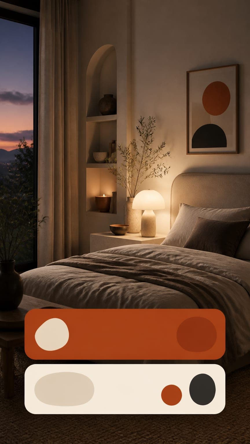 A vertical phone showing a calm dusk bedroom scene with two subtitle blocks, one highlighted
