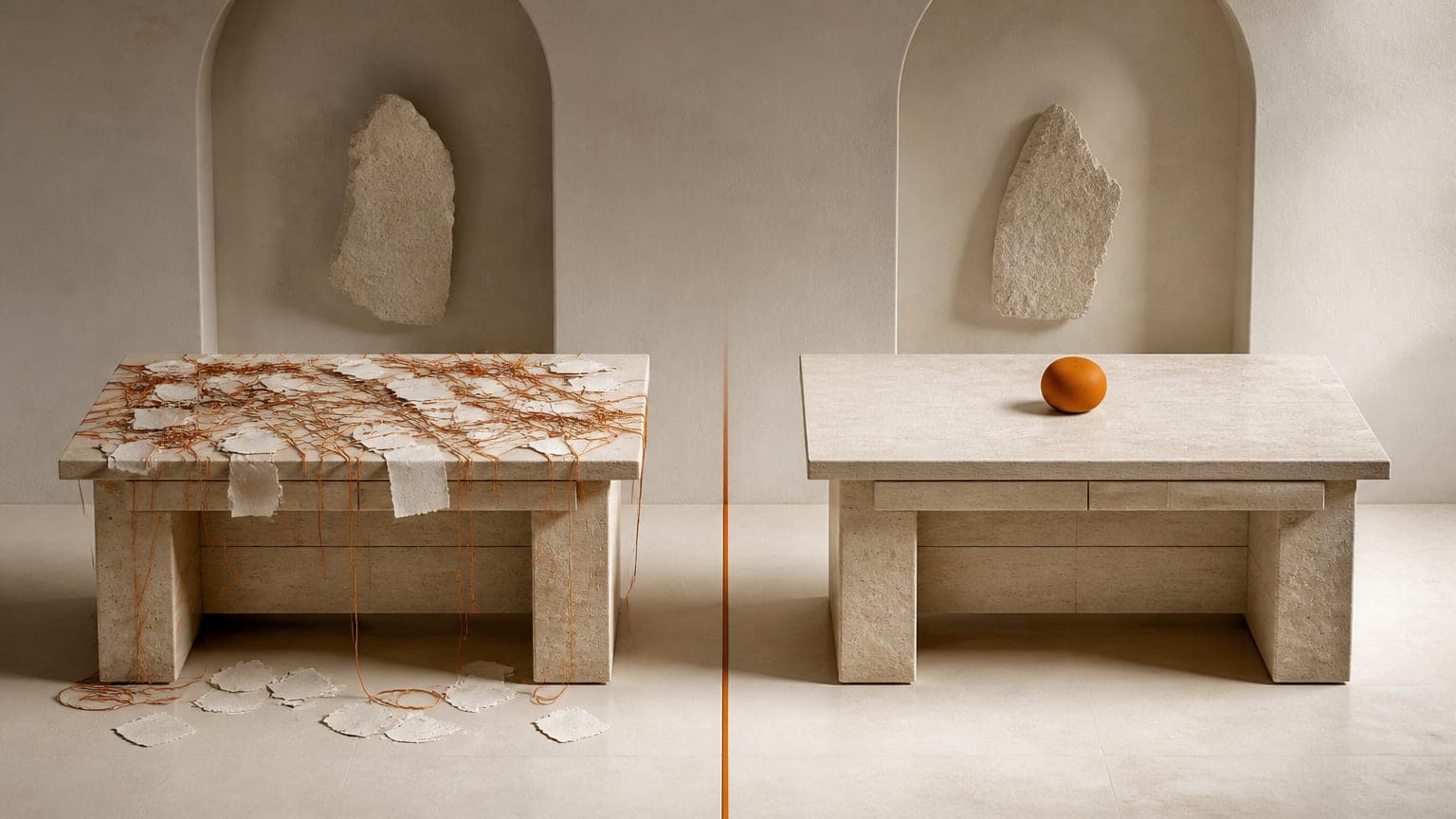 Two identical stone desks side by side, one covered in tangled string and paper scraps, the other tidy with a single orange object