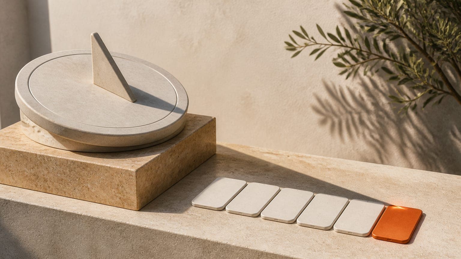 A stone sundial casting a long shadow across a row of blank phone tiles, one tile lit burnt orange