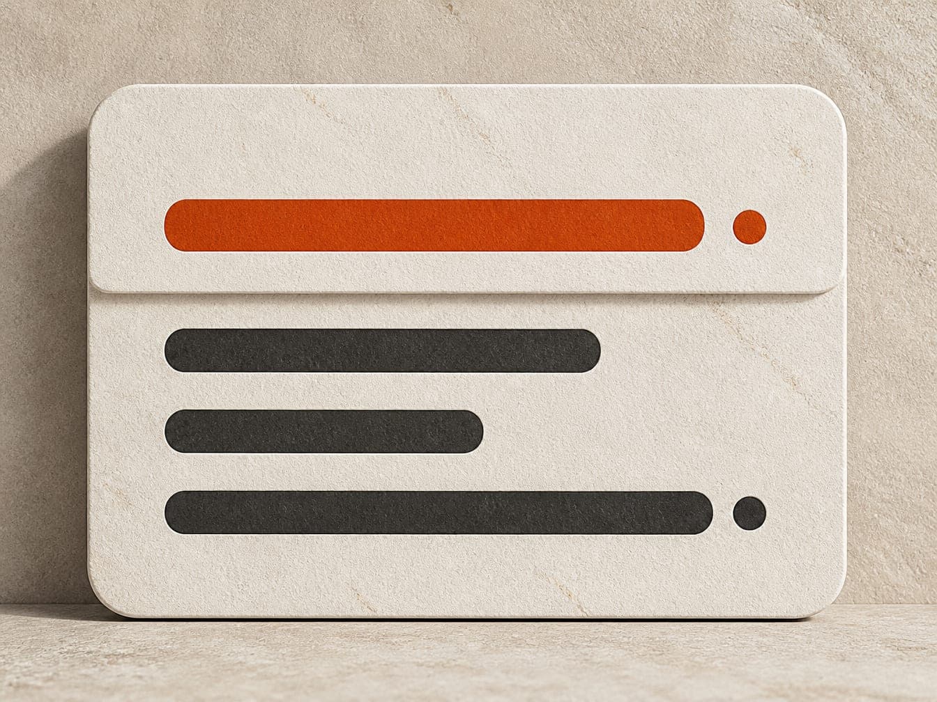 Four caption lines drawn as bars, the top one orange and set apart by a fold