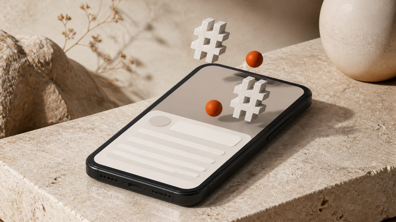 A phone with a caption area of blank lines, small hash symbols and two orange spheres floating above it