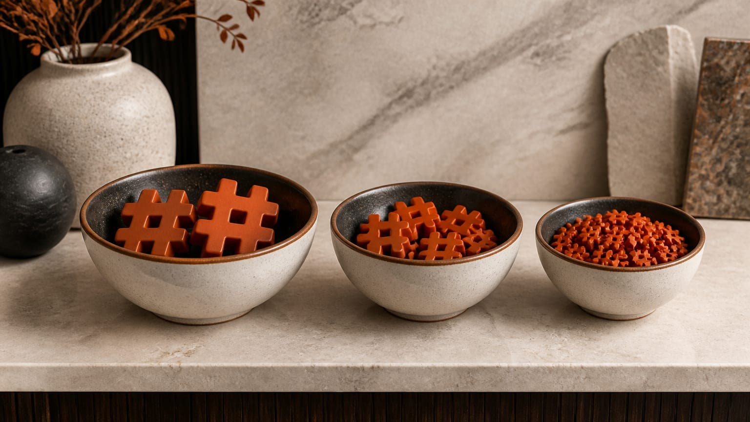 Three bowls of hash-symbol tokens: a few large ones, several medium ones and many small orange ones
