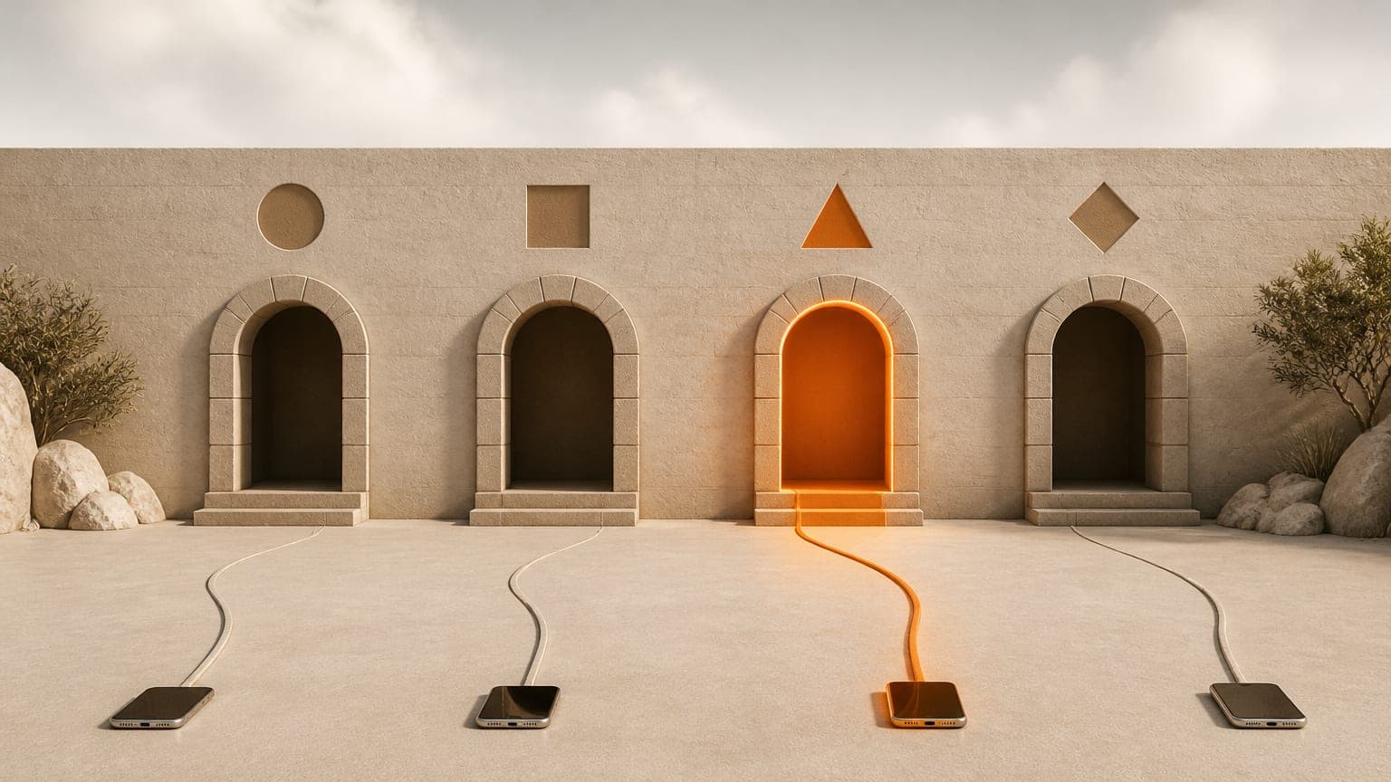 A row of arched stone doorways with paths leading to each from small phones, one doorway and path in burnt orange