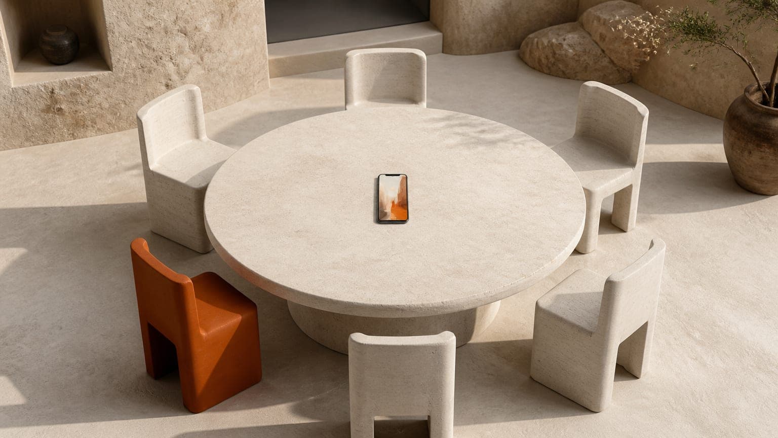 A round stone table ringed by chairs, one in burnt orange, with a phone lying at its center