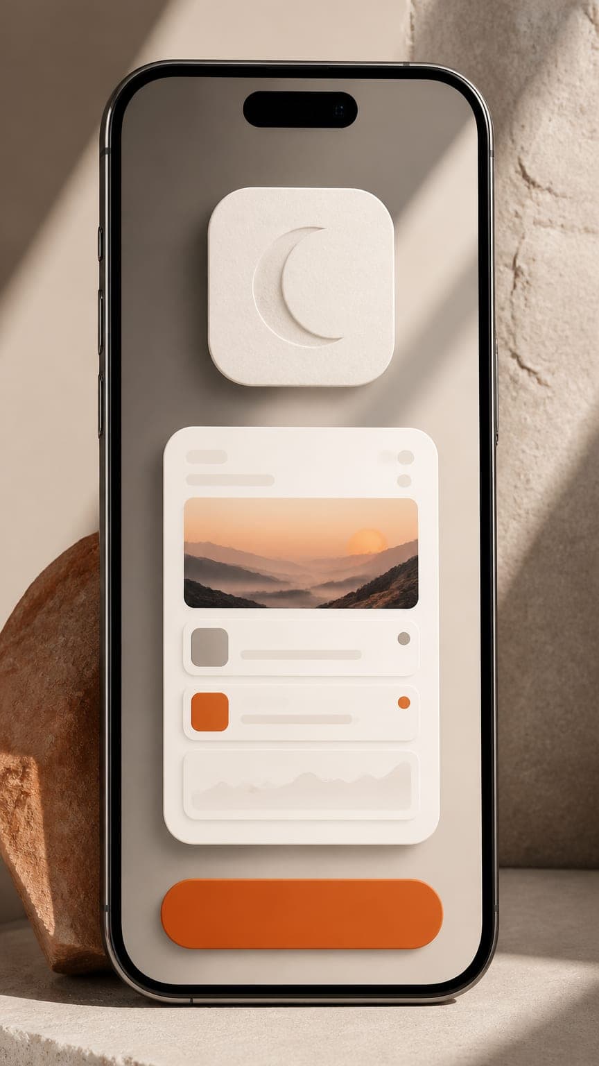 A vertical phone showing a final app scene with a large app icon, a screenshot and a button