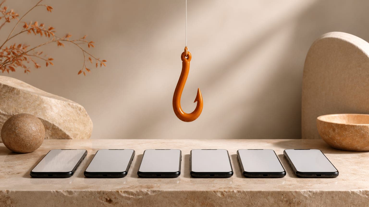 A burnt-orange ceramic fishhook hanging above a row of blank phone screens