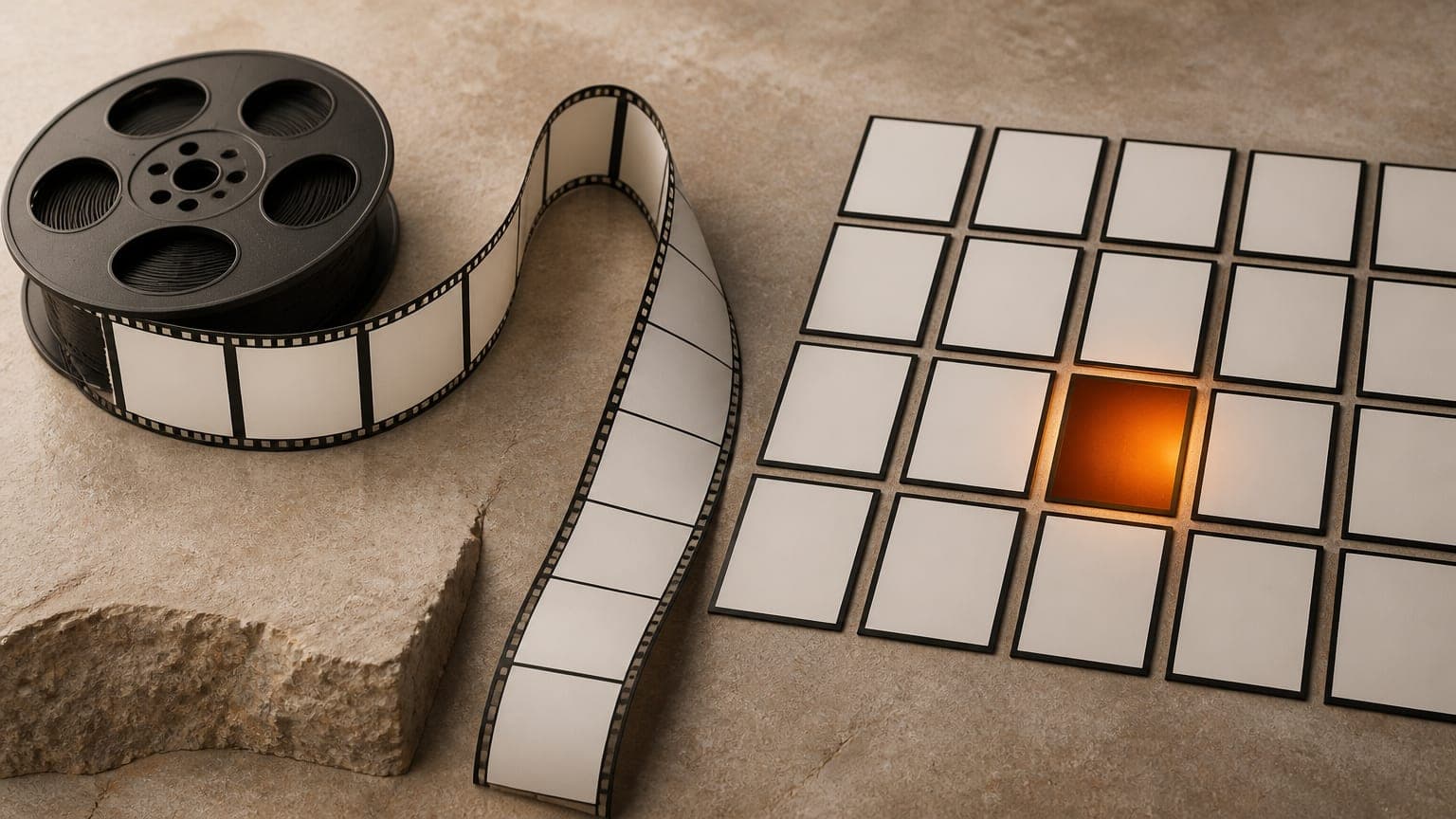 A film reel spool unwinding a ribbon of tall frames that settle into a neat grid of portrait tiles