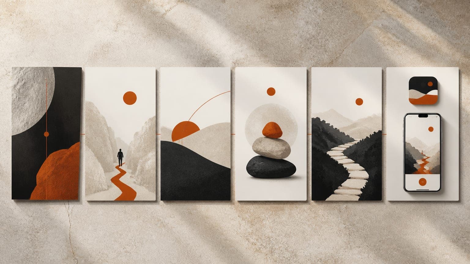 Six portrait slides in a row, from a bold abstract cover to a final slide with an app icon and screenshot