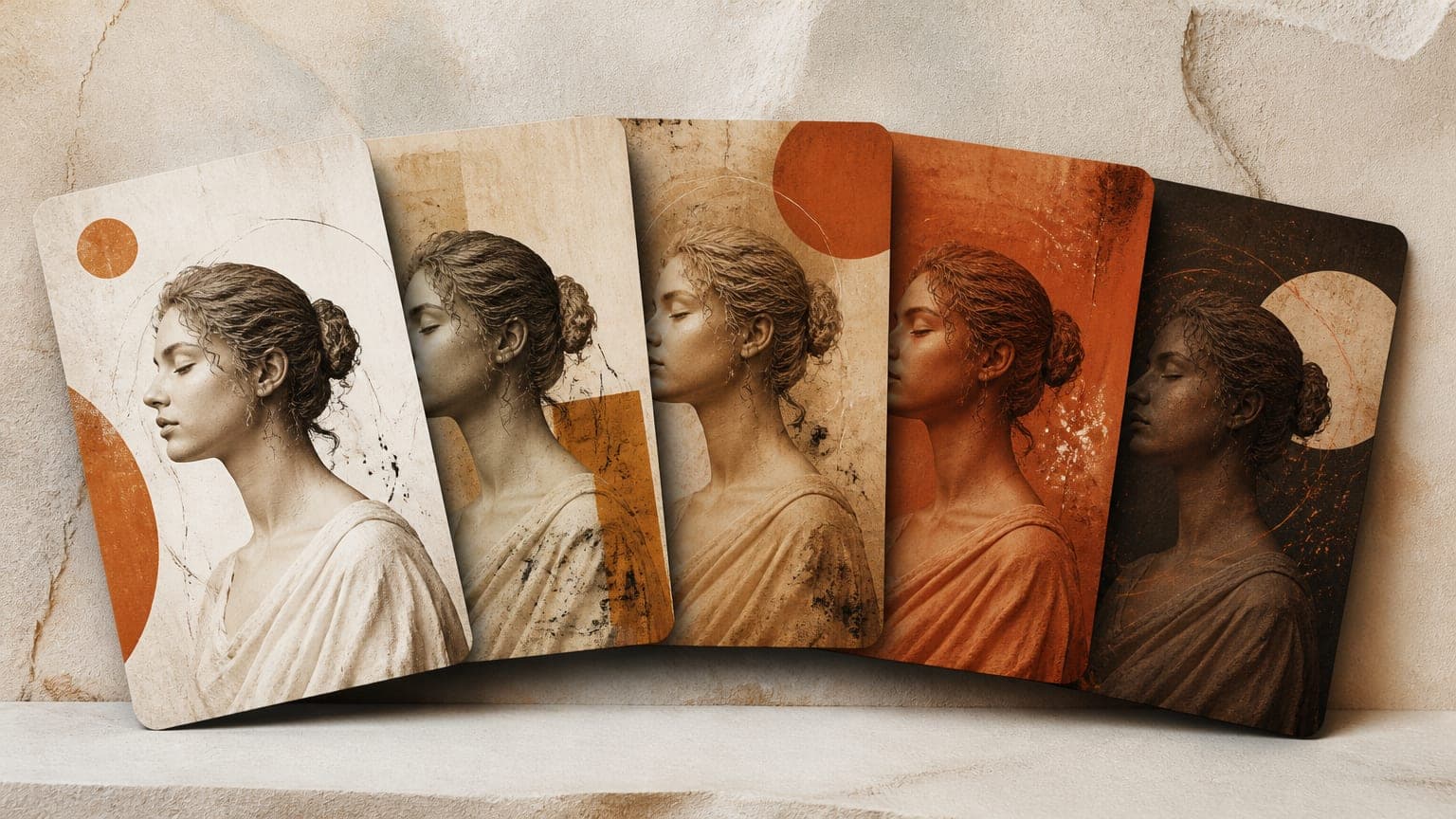 One carousel card fanning out into five versions, each with a different abstract script
