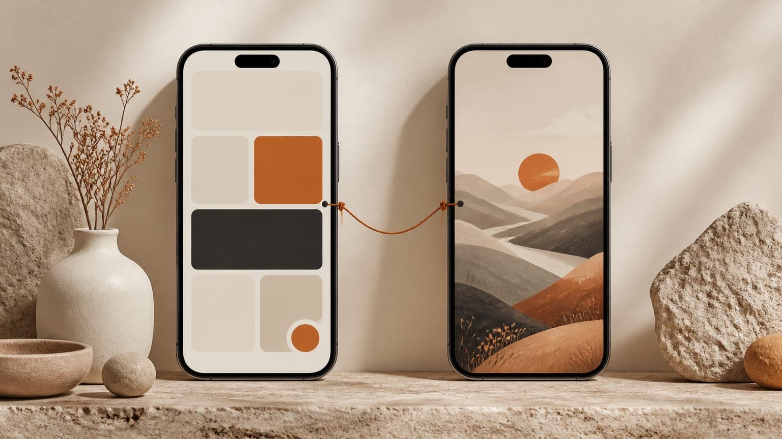 Two phones side by side, one showing plain interface blocks and the other a soft illustrated landscape