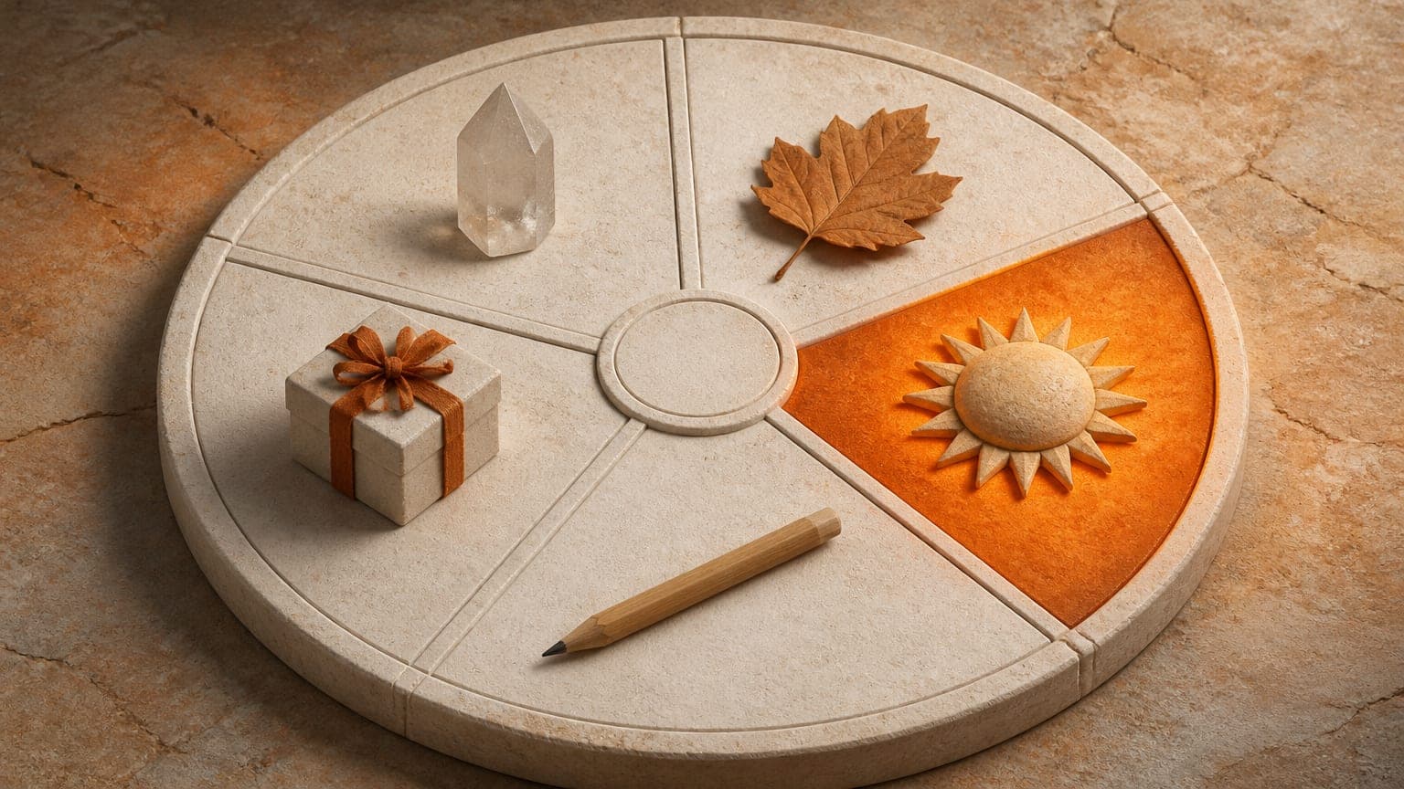 A round stone dial divided into segments, each holding a small seasonal object, one segment glowing orange