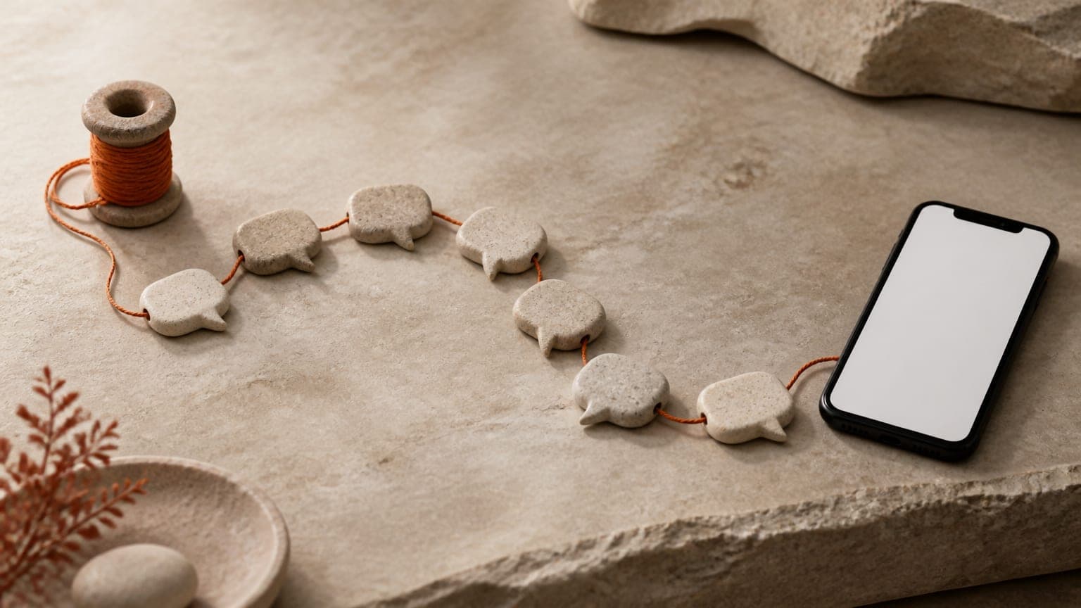 A chain of small stone speech bubbles linked by a burnt-orange thread unwinding from a spool beside a phone