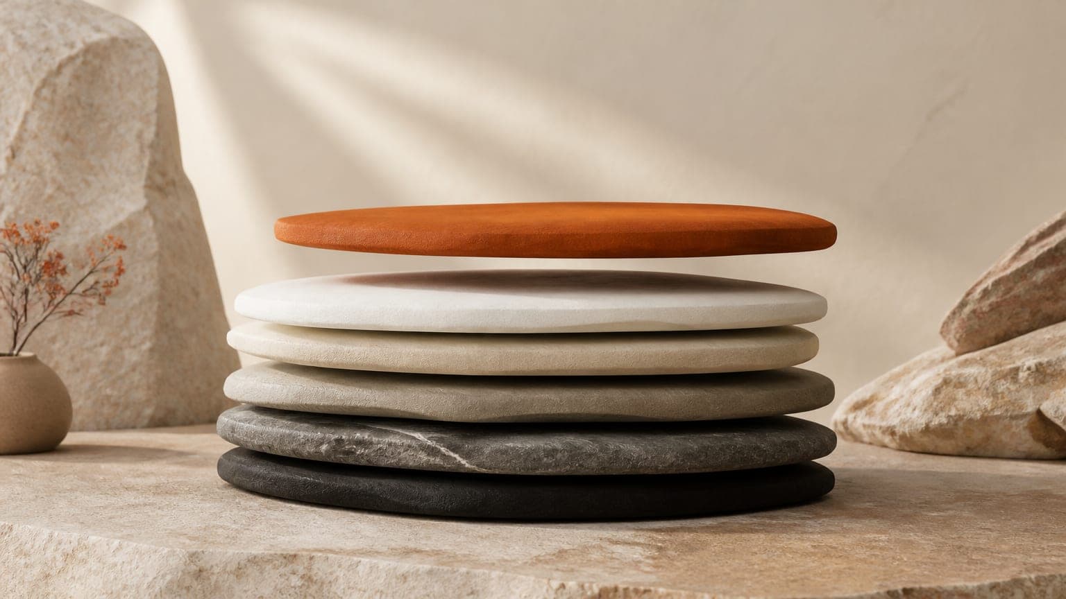 A stack of thin stone slabs with a new burnt-orange slab being lowered onto the top